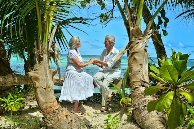 Feliz pareja de ancianos descansa en la playa tropical