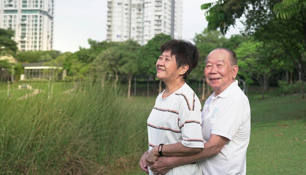 Feliz pareja de ancianos enamorados hombre abrazo esposa Parque entorno al aire libre