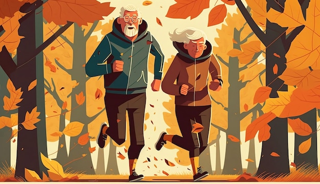 Una feliz pareja de ancianos está corriendo en un parque de otoño contra el telón de fondo de las hojas que caen