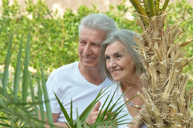 Feliz pareja de ancianos en el jardín tropical al aire libre