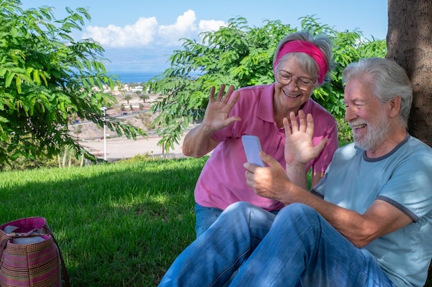 Feliz pareja de ancianos sentada en el prado durante las vacaciones de verano usando el teléfono en una videollamada