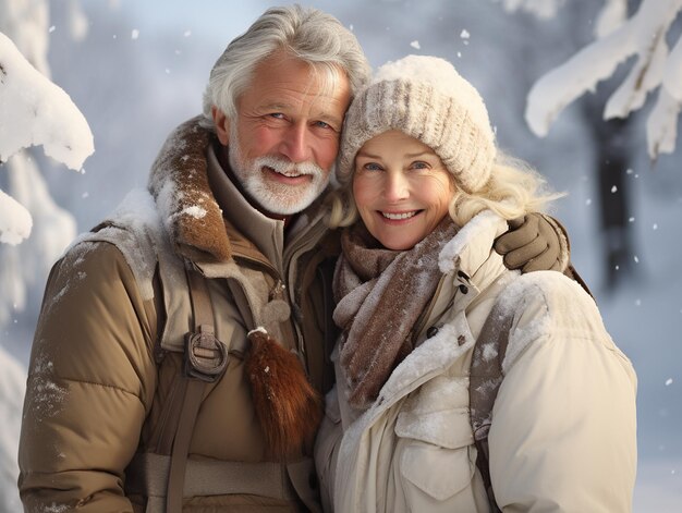 Feliz pareja de ancianos sonrientes en invierno nevado Envejeciendo con dignidad personas mayores que llevan una vida activa