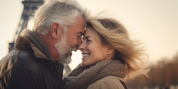 Una feliz pareja de ancianos en vacaciones de viaje en París con la Torre Eiffel en el fondo AI generativa