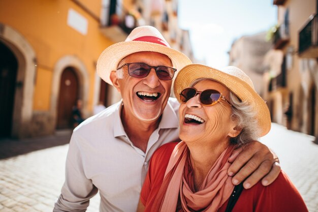 Foto una feliz pareja de ancianos viajando por españa