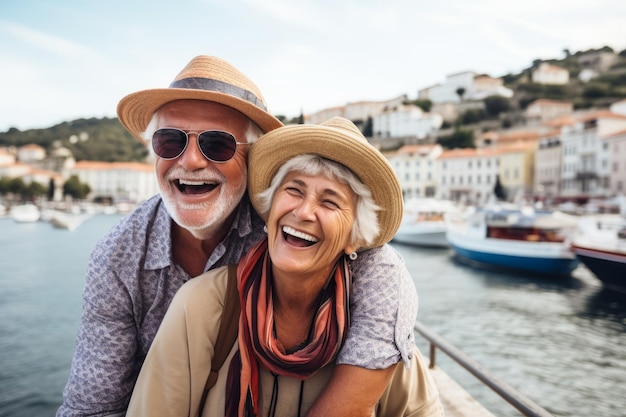 Una feliz pareja de ancianos viajando