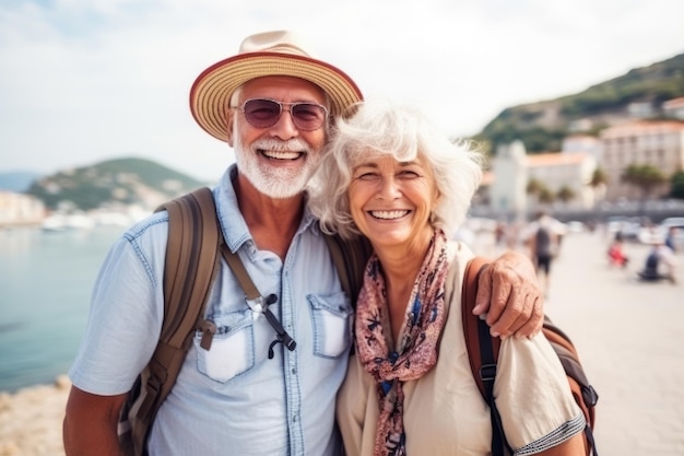 Una feliz pareja de ancianos viajando