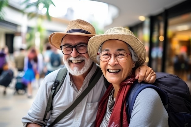 Una feliz pareja de ancianos viajando