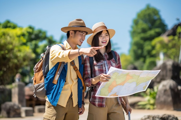 Feliz pareja asiática con mapa en el concepto de viaje al parque