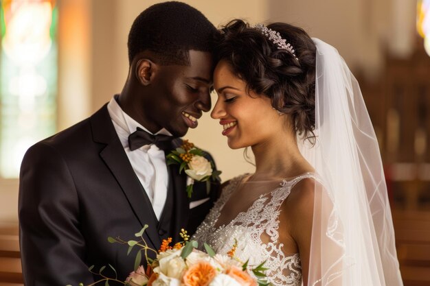 Foto feliz pareja de bodas interraciales en la iglesia novia y novio celebrando su amor y matrimonio