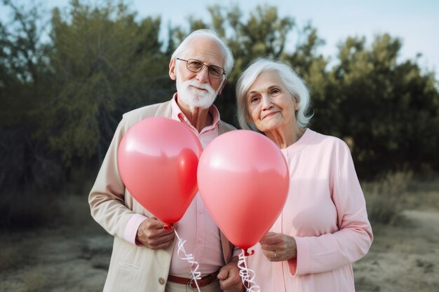 Feliz pareja casada jubilada enamorada y vestida de color pastel a juego sosteniendo algunos globos IA generativa