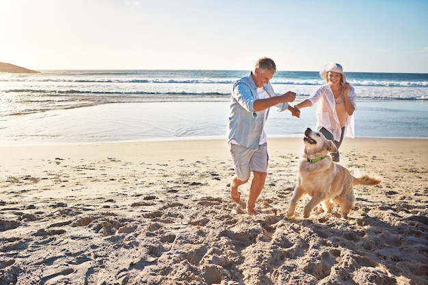 Feliz pareja cogidos de la mano y en la playa con un perro en verano para viajes de jubilación en Indonesia Sonrisa juguetona y un anciano y una mujer en un paseo por el mar con una mascota para jugar y vacaciones