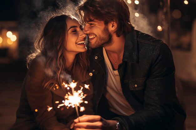 La feliz pareja comprometida sonríe y celebra encendiendo luces brillantes el concepto del aniversario de la fiesta de la gente