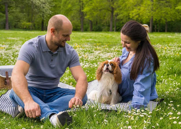 Foto una feliz pareja embarazada pasa tiempo juntos en un picnic al aire libre con un perro mascota cocker spaniel esperando un bebé amor