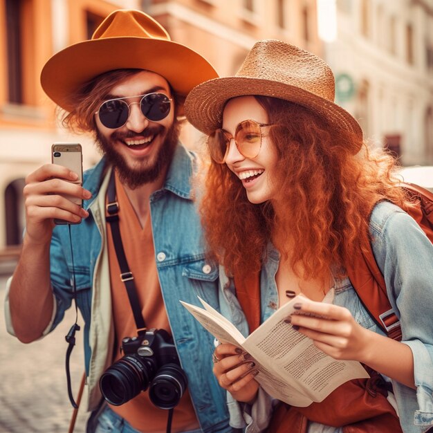 Feliz pareja encantadora de moda viajando juntos