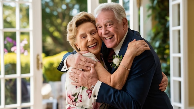 Foto una feliz pareja de estudiantes de último año abrazándose.