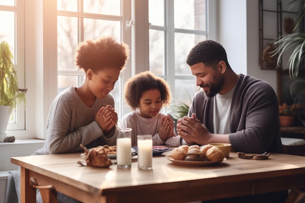 Feliz pareja de familia multirracial con hijos rezan juntos antes de tomar el desayuno de la mañana en casa juntos padres multiétnicos con niños de raza mixta se toman de la mano dicen la oración se sientan en la mesa de la cocina