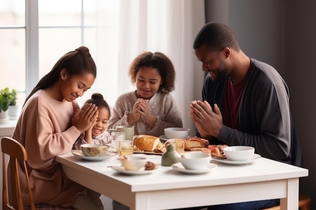 Feliz pareja de familia multirracial con hijos rezan juntos antes de tomar el desayuno de la mañana en casa juntos padres multiétnicos con niños de raza mixta se toman de la mano dicen la oración se sientan en la mesa de la cocina