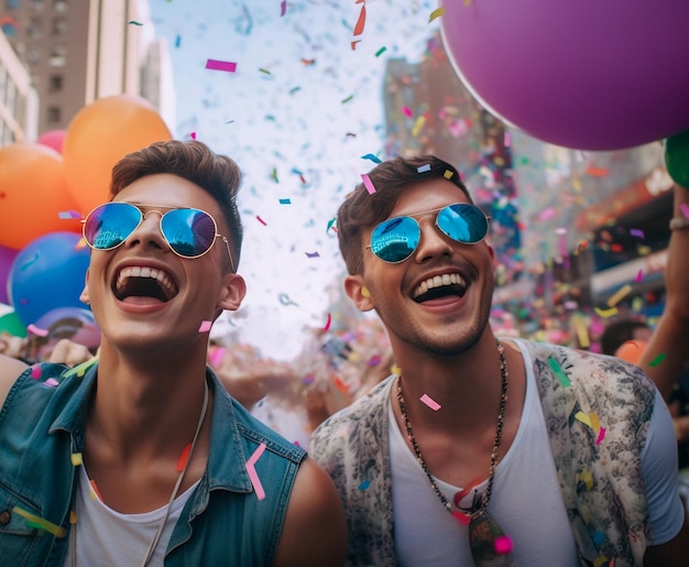 Feliz pareja gay celebrando en el Desfile del Orgullo LGBTQ en Nueva York, EE.UU. Celebración del Mes del Orgullo Gay