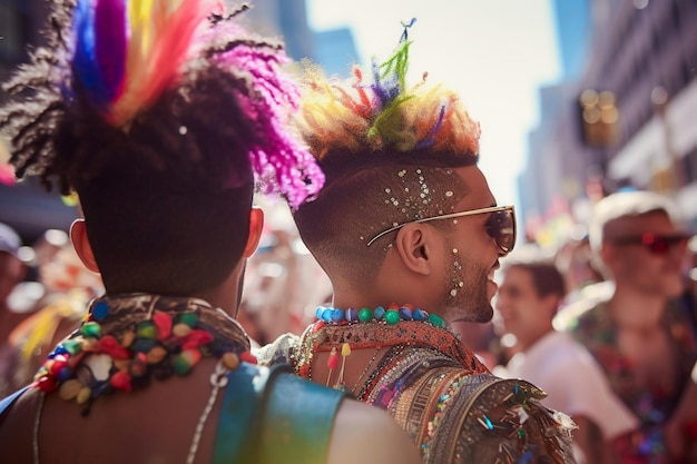 Feliz pareja gay celebrando en el Desfile del Orgullo LGBTQ en Nueva York, EE.UU. Celebración del Mes del Orgullo Gay