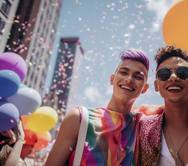 Feliz pareja gay celebrando en el Desfile del Orgullo LGBTQ en Nueva York, EE.UU. Celebración del Mes del Orgullo Gay