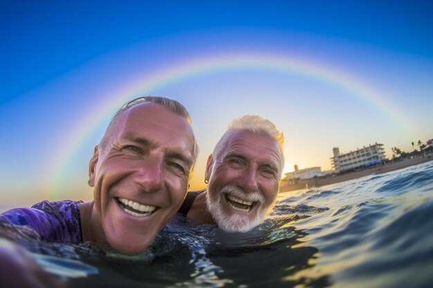 Feliz pareja gay senior nadando en el Desfile del Orgullo LGBTQ en Tel Aviv Israel