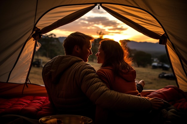 Feliz pareja haciendo un picnic en una tienda de campaña a orillas del río por la noche