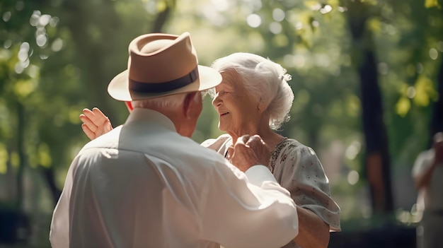 Feliz pareja de hombres y mujeres mayores bailando con alegría en el parque día soleado ai generado