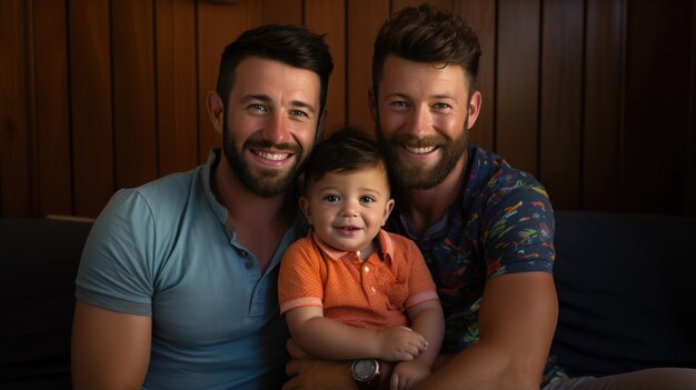 Una feliz pareja homosexual junto con un niño adoptado