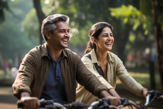 Feliz pareja india montando en bicicleta en el parque