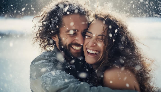 Feliz pareja joven abrazándose juntos en la mañana de invierno