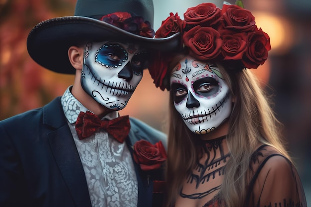 feliz pareja joven con una calavera pintada en la cara al aire libre Celebración del Día de los Muertos en México