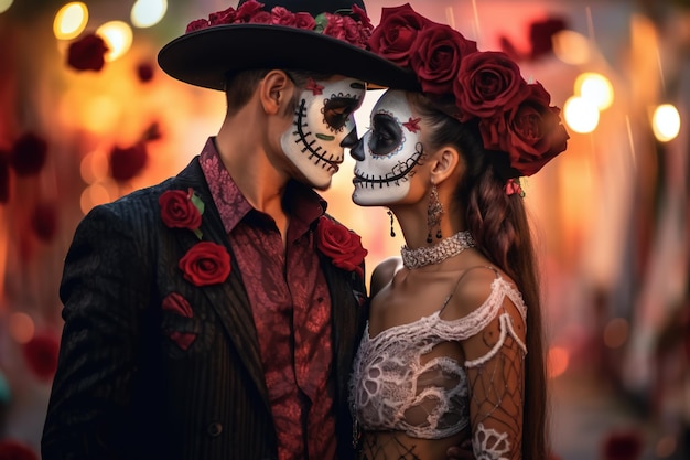 feliz pareja joven con una calavera pintada en la cara al aire libre Celebración del Día de los Muertos en México
