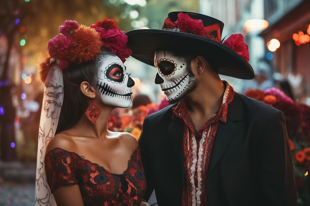 feliz pareja joven con una calavera pintada en la cara al aire libre Celebración del Día de los Muertos en México