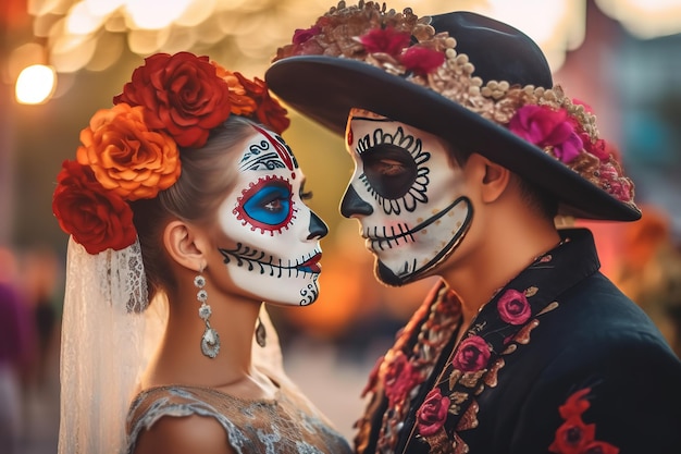 feliz pareja joven con una calavera pintada en la cara al aire libre Celebración del Día de los Muertos en México