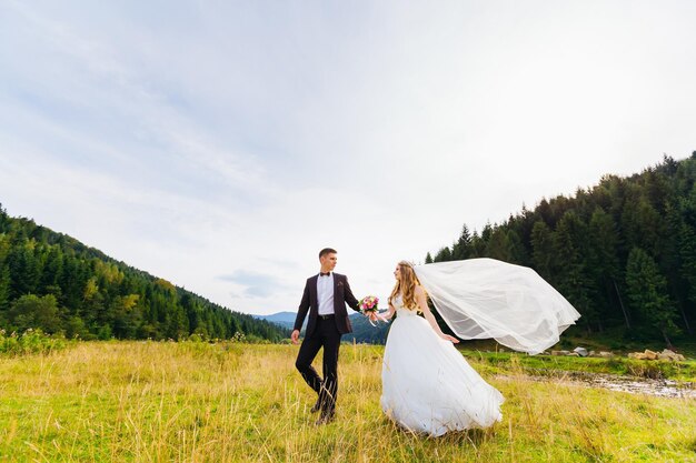 Feliz pareja joven en un campo verde el día de su boda Recién casados sonrientes caminan en la naturaleza tomados de la mano Vida familiar