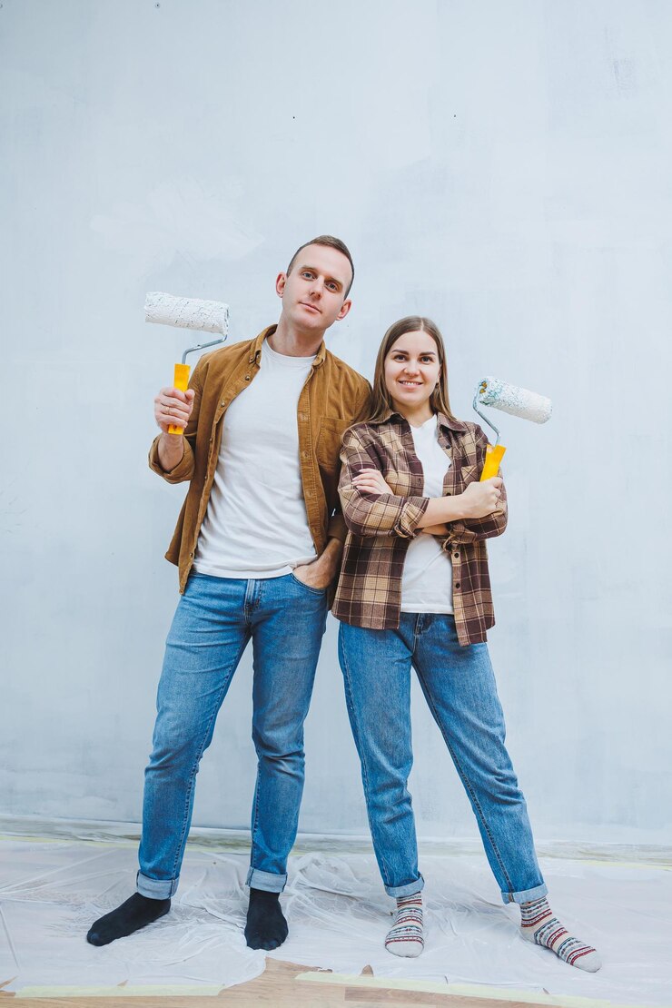 Feliz pareja joven casada enamorada en camisas haciendo renovaciones renovando paredes pintando con rodillo de pintura blanca preparándose para mudarse a una nueva casa enfoque selectivo