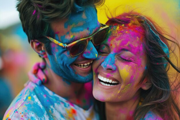 Feliz pareja joven celebrando holi