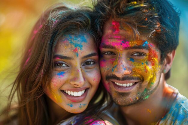 Feliz pareja joven celebrando holi