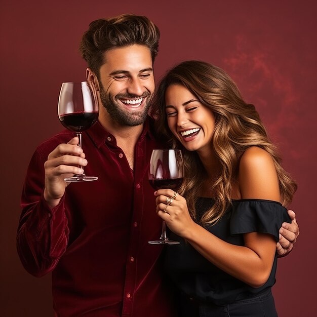 Feliz pareja joven celebrando la víspera de Año Nuevo con champán sobre un fondo rojo oscuro con espacio para copiar