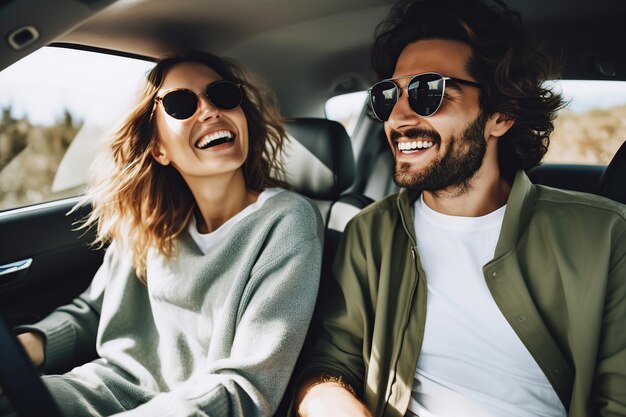 Feliz pareja joven conduciendo un coche