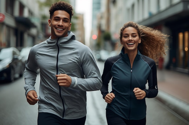 Feliz pareja joven corriendo en la ciudad Deporte y estilo de vida saludable ia generado
