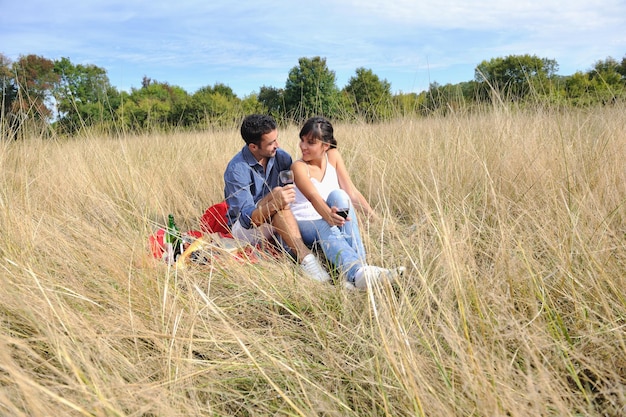 feliz pareja joven disfrutando de un picnic en el campo y pasándolo bien