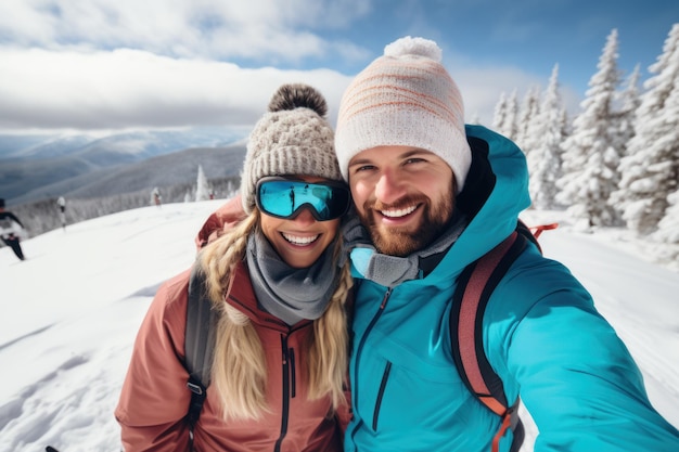 feliz pareja joven esquiando en invierno en la nieve