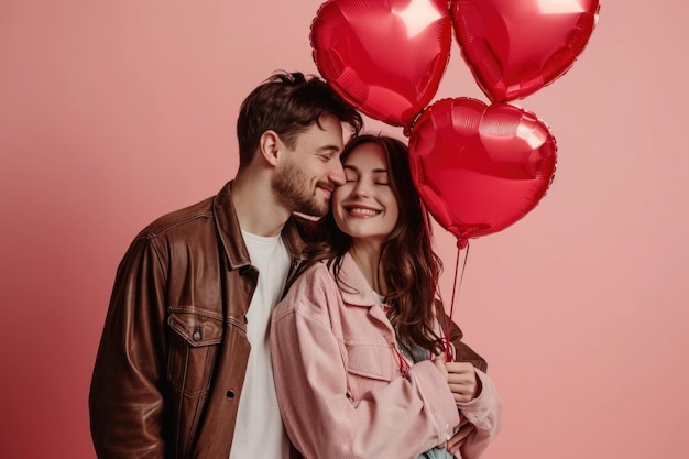 Feliz pareja joven con globos en forma de corazón en el fondo de color celebración del Día de San Valentín