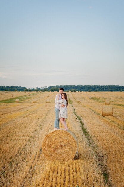 Feliz pareja joven en paja, concepto de gente romántica, hermoso paisaje, temporada de verano.