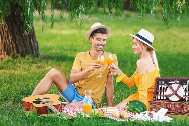 Feliz pareja joven de picnic en el parque