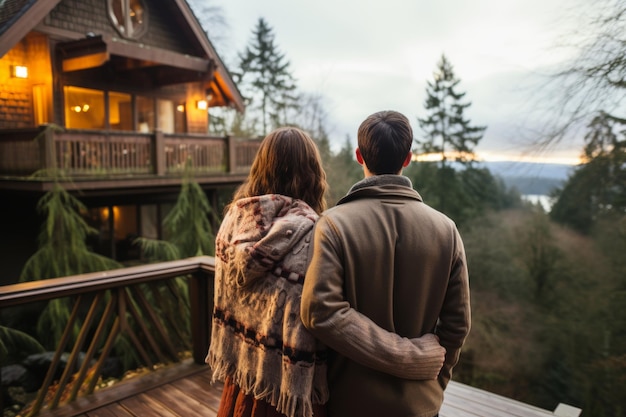 Una feliz pareja joven y romántica abrazando y admirando su nueva casa con alegría y gratitud.