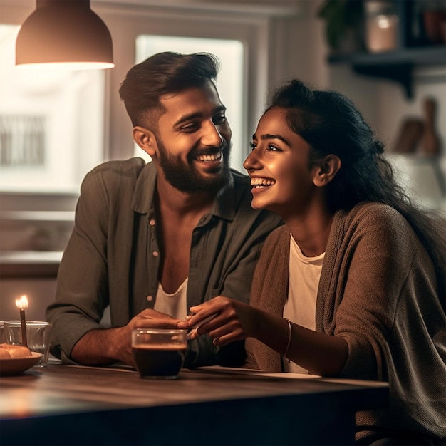 Feliz pareja joven de Sri Lanka tomando café