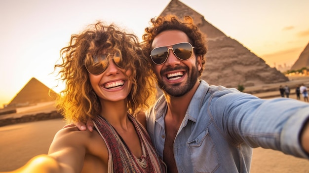 Feliz pareja joven tomando selfie frente a las pirámides egipcias