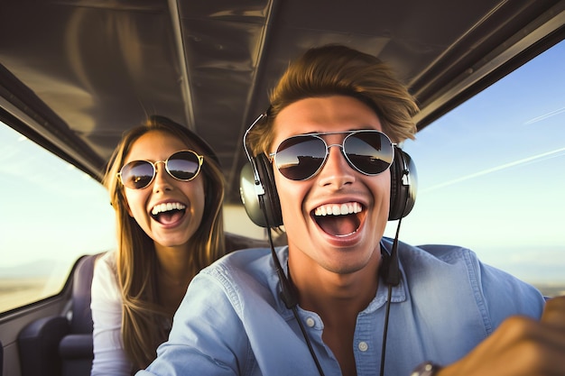 Feliz pareja joven volando en avioneta AI generativa